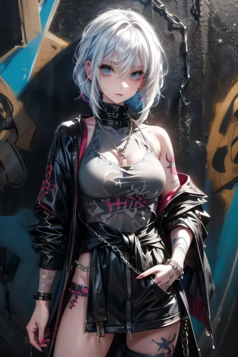 girl with vibrant white hair, covered in tattoos, proudly displaying a key-shaped earring while standing in front of a graffiti-...