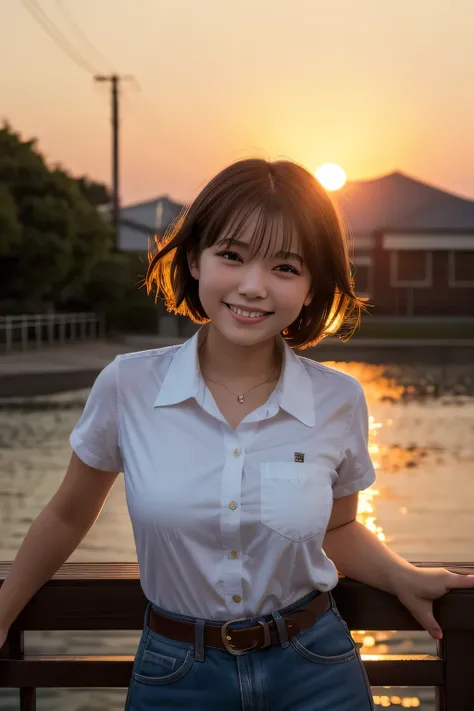 highest quality, masterpiece, Ultra-high resolution, (Reality: 1.4), Original photo, 1 woman, mature, happy smile, short hair, plump body, , Cinema Lighting, from below, ゆったりとしたライトブルーのシャツ, sunset, cowboy shot、High school girls after school