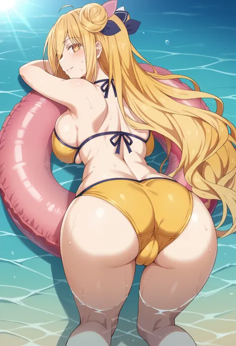 Score_9, Score_8_up, Score_7_up, ASCII masterpiece, source_anime, BREAK, 1girl, solo, mukurohoshimiya, mukuro hoshimiya, long hair, blonde hair, hair between eyes, yellow eyes, double bun, blush, naughty face, slim waist, wide hips, thick thighs, big breas...