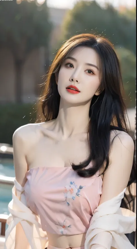 original photo，best quality），（lifelike，照片lifelike：1.3），best quality，Very detailed，masterpiece，超Detail level，illustration，1 girl，Dominant_Body，Large Breasts，Bigger breasts，Protruding nipples，Nipple protrusion，Black transparent lace，Slim waist，Tight abdomen，...
