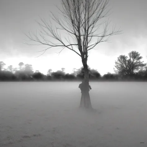 Hay una foto en blanco y negro de un robot de pie en la fog, hiding behind a tree, inspired by Chris Friel, by Chris Friel, surreal scene, foggy and spooky, dense volumetric fog, eerie fog, fog misteriosa, volumetric fog, fog, Surreal vision, ambient occlu...