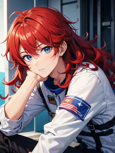 1boy,1 ,cool,middle parted hairstyle,Curly hair, red hair, blue eyes, long hair,handsome,,close up photo, close up photo,Sitting in the shelter, astronaut uniform,,black trousers