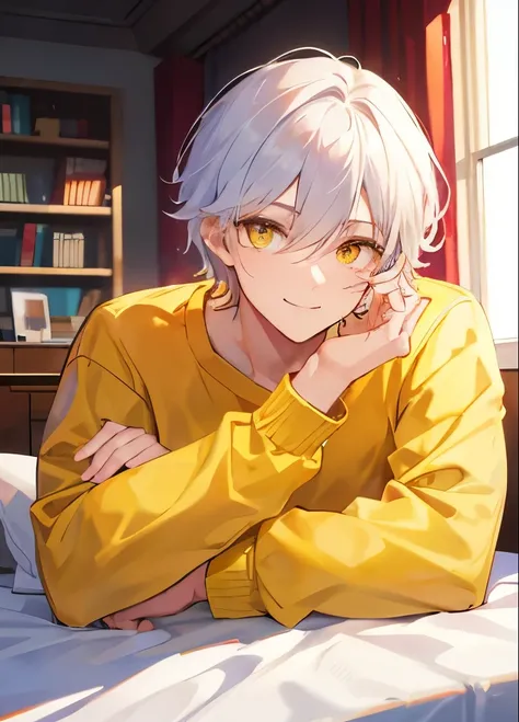 Young male 23 years: 1.9, short white hair: 1.2, expensive: 1.2, Profession: 1.2, night: 1.2, In the room: 1.2, Cinema Lighting, Highest quality, 8k,, tired,Looking down、Yellow Eyes、A little smile,Collapsed in bed,White sweatshirt. () ((male)) good looking...