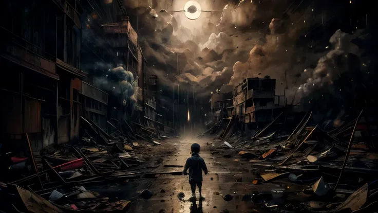 a dilapidated abandoned child at night, rain pouring down, wet, dark cloudy sky, smoke and dirt, atmospheric lighting, cinematic...