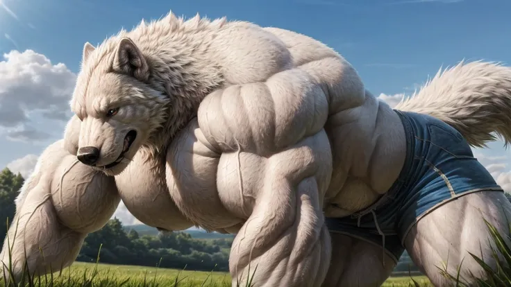 male, big albino wolf, bara, (extremely_muscular), (thick_arms), (huge pecs), realistic, (solo boy), (shorts), open field