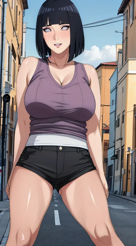 masterpiece, absurdres, hinata(boruto), 1girl, solo,mature female, black singlet, short jean pants, huge ass, outdoors, back street, cloudy sky, perfect composition, detailed lips, huge breast, cleavage ,beautiful face, body propotion, blush, (pink lips), ...