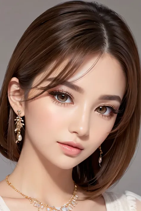 Beautiful woman Clean skin Natural eye makeup Natural brown eyeshadow Natural eyes with thin eyeliner Curled eyelashes and highlighted with mascara Natural eyebrows Natural eyebrows that match the hair color Elegant clothing Elegant style without excessive...