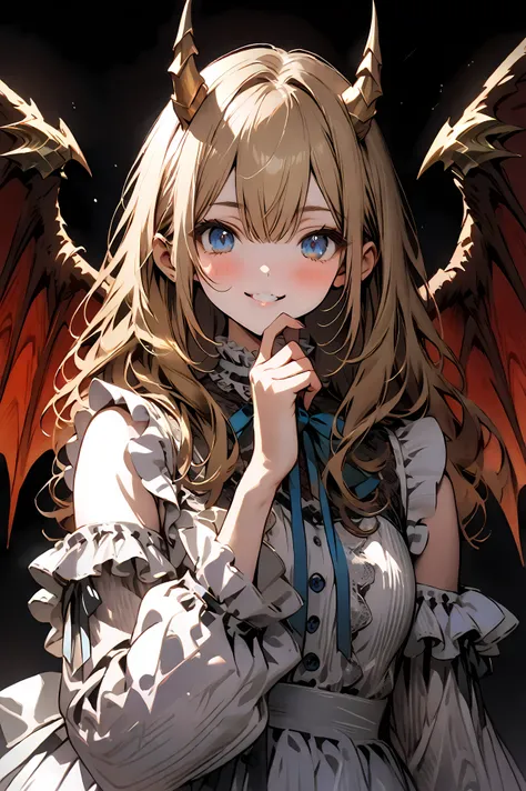 Head to Toe, masterpiece, Highest quality, Very detailed, High resolution, (Cat Eyes:1.5), (Beautiful attention to detail:1.4), Beautiful fingers, One person, Blonde, (Medium length hair:1.5), Red Dragon Wings, Nico Nico Smile, smile, (Dragon Horn:1.5), (B...