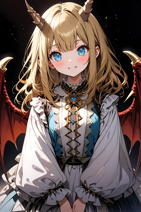 whole body, Head to Toe, masterpiece, Highest quality, Very detailed, High resolution, (Cat Eyes:1.5), (Beautiful attention to detail:1.4), Beautiful fingers, One person, Blonde, (Medium length hair:1.5), Red Dragon Wings, Nico Nico Smile, smile, (Dragon H...