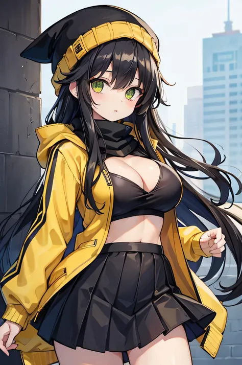 masterpiece, high quality, A pretty woman, Long hair, wavy hair, black hair, green eyes, big breasts, juicy breasts, Open shirt, short skirt, black and yellow jacket, black beanie hat