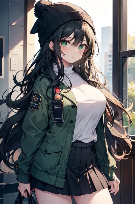 masterpiece, high quality, A pretty woman, Long hair, wavy hair, black hair, green eyes, big breasts, juicy breasts, Open shirt, short skirt, dark green jacket, black beanie hat