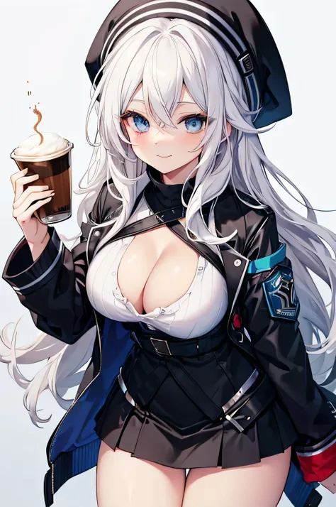 masterpiece, high quality, A pretty woman, Long hair, wavy hair, White hair, blue eyes, smiling face, big breasts, juicy breasts, Open shirt, short skirt, black jacket, black beanie hat, background of a coffee shop
