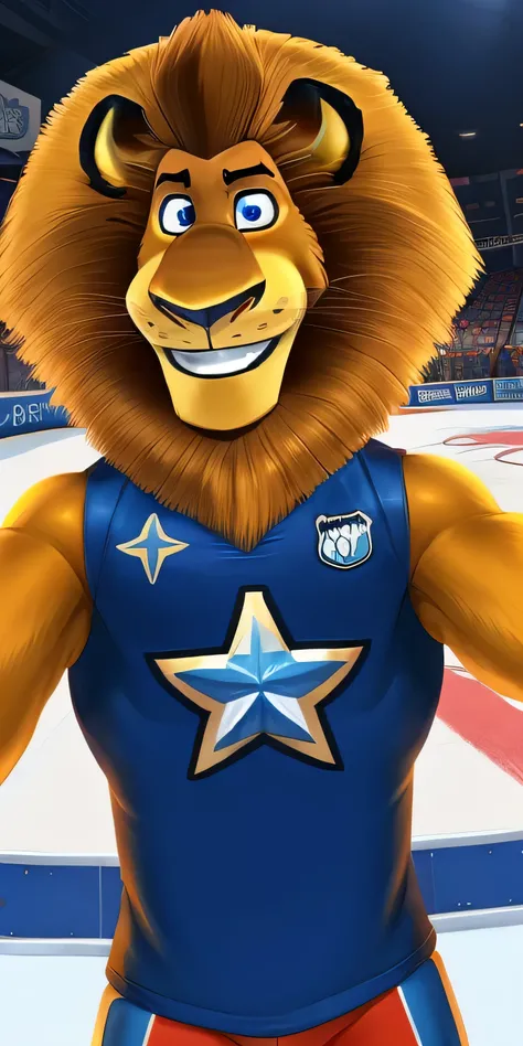 Alex the Lion, muscular body, big biceps, extremely beautiful and cute face, perfectly detailed blue eyes with perfectly detailed pupils, hockey gear, selfie, cute smile, ice rink background