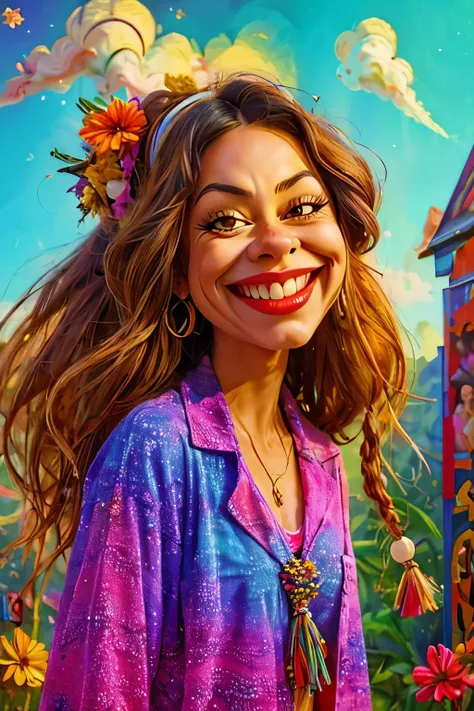 a (((caricature))) of a hippie girl floating in the sky, exaggerated facial features with large eyes and a wide, blissful smile,...