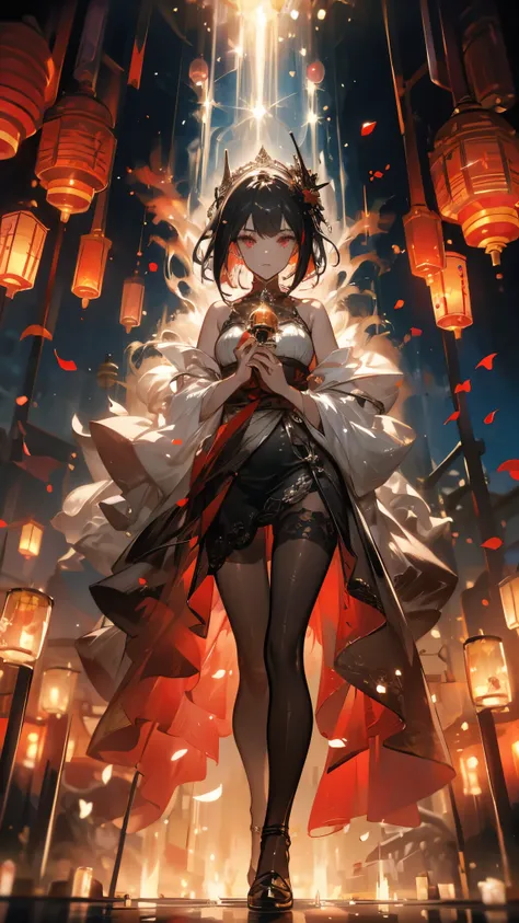 ((masterpiece, best quality)), Epic battlefield atmosphere，Ashes Paradise，A display of fireworks and a sea of lanterns，Silver Bell Ice Heart，Magician，Flame Surround，spark，Petals falling，A meticulous face，Standing image，Perfect body proportions，Long legs，St...