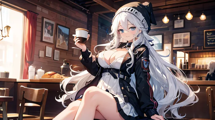 masterpiece, high quality, A pretty woman, Long hair, wavy hair, White hair, blue eyes, smiling face, big breasts, juicy breasts, Open shirt, short skirt, black jacket, black beanie hat, background of a coffee shop