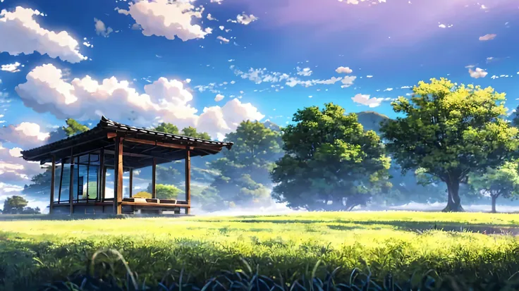 beautiful scenery, grass field, shrine from a distance, beautiful cloudy sky