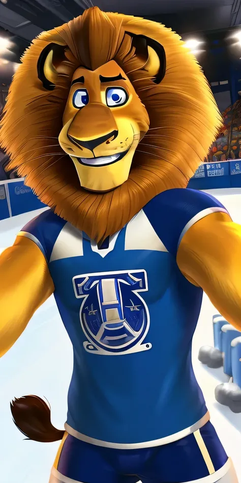 Alex the Lion, muscular body, extremely beautiful and cute face, perfectly detailed blue eyes with perfectly detailed pupils, hockey uniform, selfie, cute smile, ice rink background