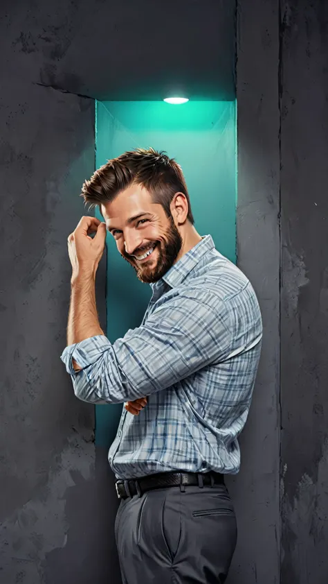 a man with a beard and a shirt on is smiling, profile picture 1024px, realistic photography, portrait, wall background