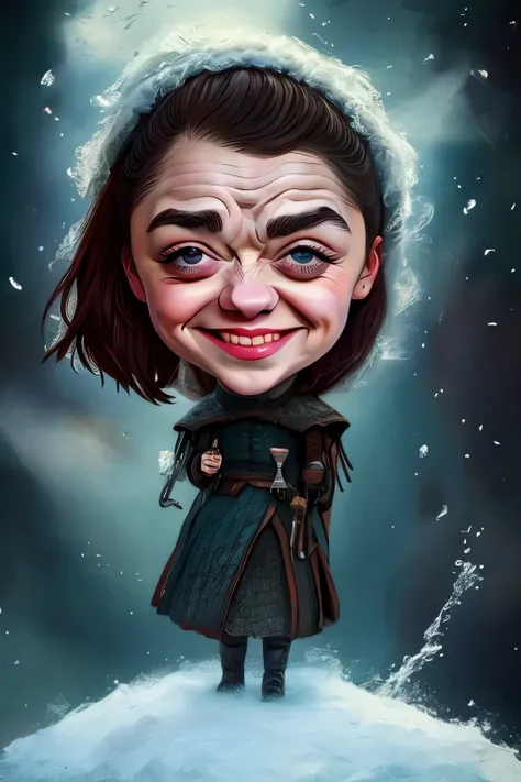 a (((caricature of arya stark))) has a girl floating in the snow, exaggerated facial features with large eyes and a wide, blissf...