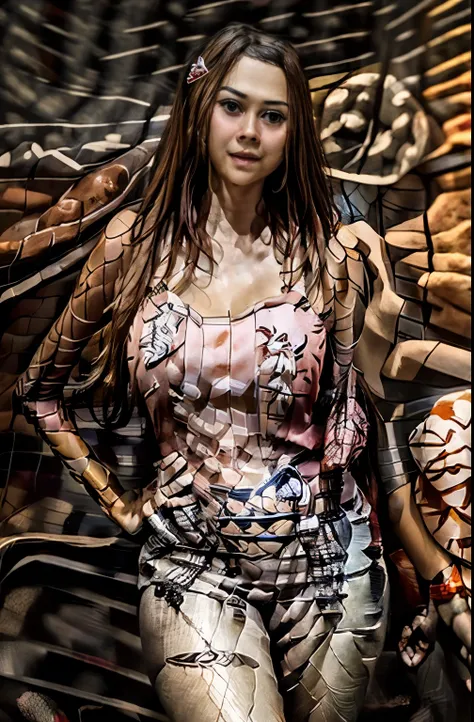 A close-up portrait of beautiful aurakasih wearing (boa hancock red costume:1.4), it exposed her breast and irezumi tattoo on her shoulders, bottomless, she looks sexy with droopy breast, slim body with skinny posture, blue eyes, brunette hair with traditi...