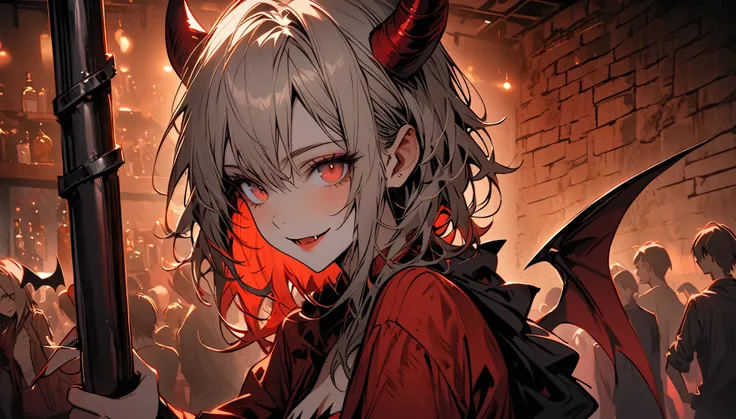 female, succubus, demon wings, demon horns, intimate atmosphere, friendly atmosphere, bar, dancing pole, people, grungy, drinks and coffee, brick walls, comfy sofa, quiet conversation, close up, spot lightning, looking at viewer, holding whisky, smile