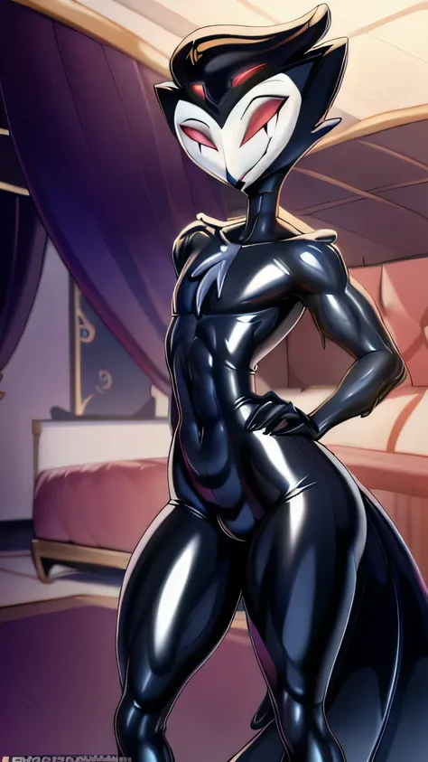 Tanraak (style), ((masterpiece)), ((8k quality)), (no watermark), stolas, male, sleek, shiny slime body, goo, gooey, long tail feathers, avian, avian tail, butt, solo, detailed bedroom, looking at viewer, wide hips, smirking, one hand on hips, shiny, slimy...