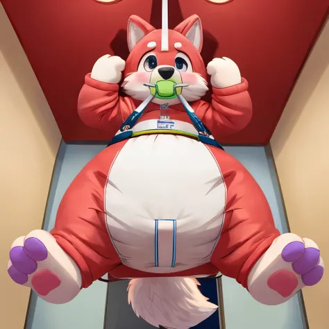 Anthropomorphic canine, fluffy tail, fullbody view, solo, digital art, different views, wearing puffy thick immobilizing diapers, a super thick and padded footed onesie with useless paws and waddle padding, in a ceiling hanged baby bouncer, deep red blushi...