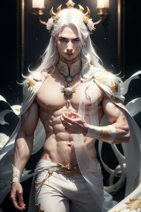 (8k,shipmentsrrealista　shipments　Maximum quality;1.4) (1 young boy) Super handsome king of the underworld　(lifelike face) 　(long wet white hair, bright white floral hair)　slenderbody　Muscular and hairy and macho　Bright white floral aristocratic costume wit...