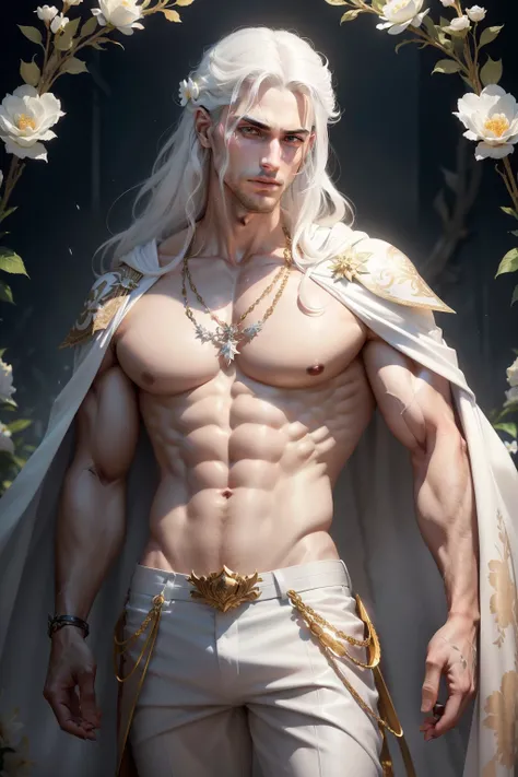 (8k,shipmentsrrealista　shipments　Maximum quality;1.4) (1 young boy) Super handsome king of the underworld　(lifelike face) 　(long wet white hair, bright white floral hair)　slenderbody　Muscular and hairy and macho　Bright white floral aristocratic costume wit...