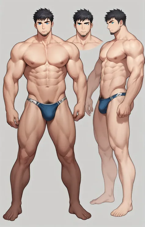 1boy, single, reference sheet, character design, front angle, side angle, left side angle, right side angle, dynamic poses, (masterpiece:1.2), (best quality:1.3), (reference sheet:1.5), adult anime male, huge man, very tall man, masculine body, muscle body...