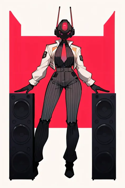 score_9, score_8_up, score_7_up, score_6_up, score_5_up, score_4_up, (1girl), (masterpiece, best quality, ultra-detailed), Speaker Woman, humanoid female with a large red speaker for a head, sleek black pinstripe suit, fitted jacket with a tie, long sleeve...