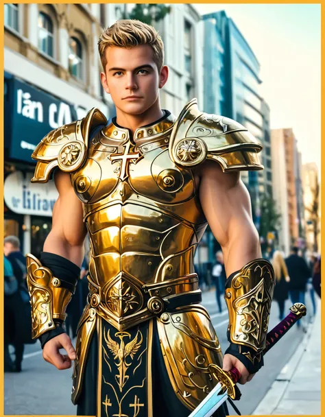 Image is a high-quality, stylized photograph featuring a muscular man standing in the middle of a city street. He is dressed in a shiny, gold-colored armor that covers his shoulders, chest, and legs, with intricate designs. He holds a sword in his right ha...