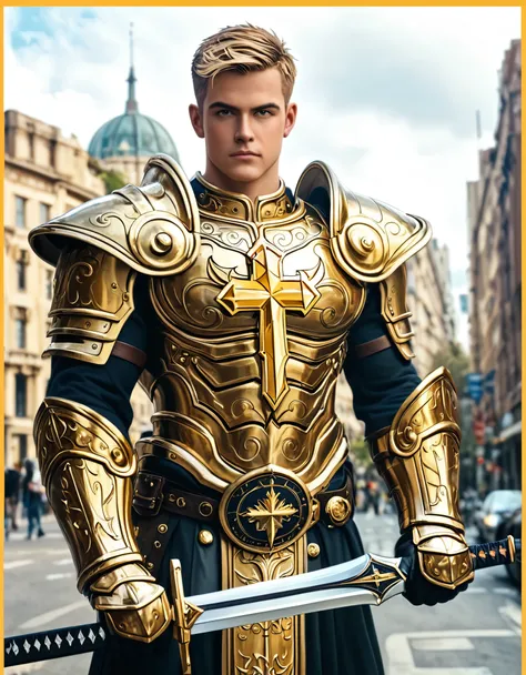 Image is a high-quality, stylized photograph featuring a muscular man standing in the middle of a city street. He is dressed in a shiny, gold-colored armor that covers his shoulders, chest, and legs, with intricate designs. He holds a sword in his right ha...