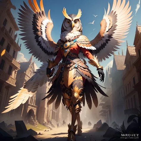 a cartoon owl with a colorful head and wings, avian warrior, Marco the Phoenix, anthropomorphic bird, inka harpy girl, phoenix warrior, avian!!! furson, merged character, black aarakocra eagle warlord, in the artistic style of quetzecoatl, official art, ha...