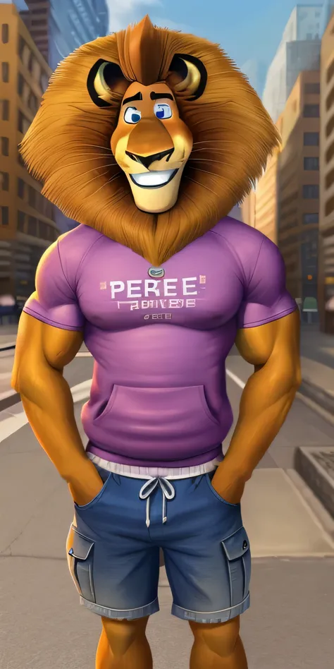 Alex the Lion, muscular body, big biceps, extremely beautiful and cute face, perfectly detailed blue eyes with perfectly detailed pupils, purple sweatshirt, denim cargo shorts, white sneakers, streets background, selfie, cute smile