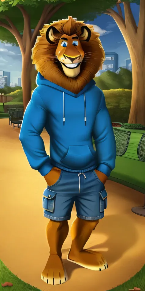 Alex the Lion, muscular body, extremely beautiful and cute face, perfectly detailed blue eyes with perfectly detailed pupils, blue sweatshirt, denim cargo shorts, bare feet, park background, selfie, cute smile