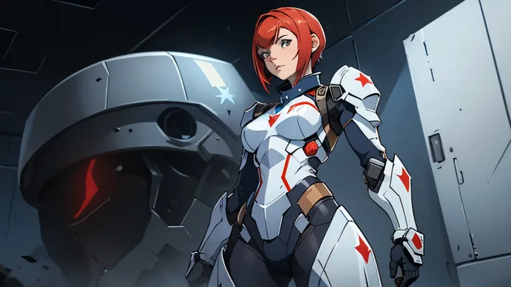 RUSSIAN WAIFU in a combat exoskeleton, suit colors white, blue and red, metal, small red star on the armor, short hair