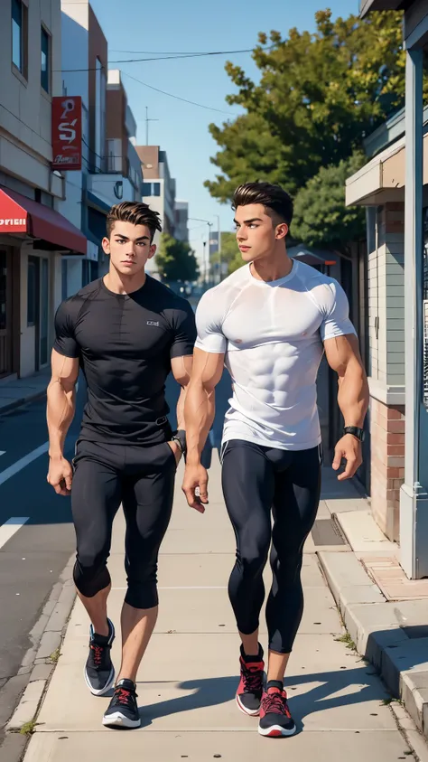 two muscular boys teenagers walking on the sidewalk of a street in suburban America wearing gym clothes