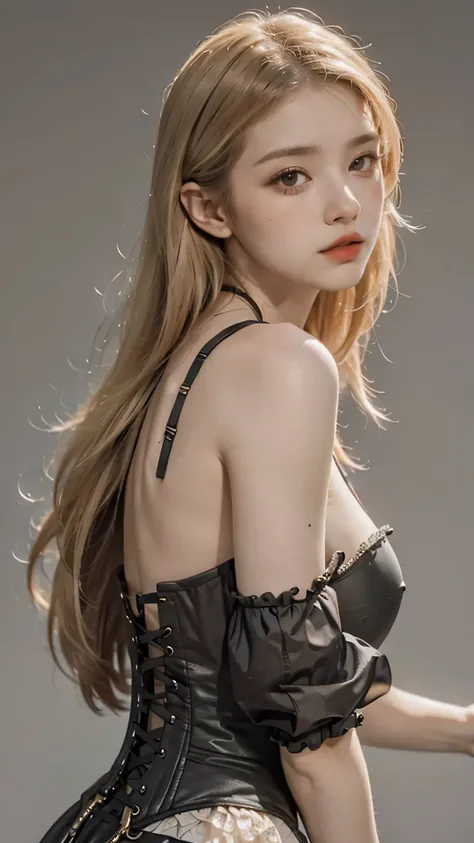 1girl, solo, looking at viewer, blonde long hair, wearing a corset, big ass, brown eyes, upper body, grey background, normal tits, lips, realistic, .