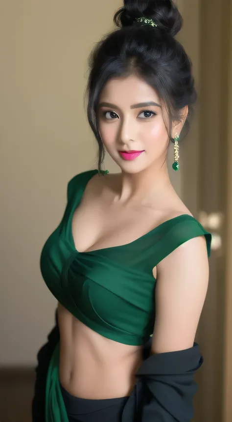 Sexy woman, black hair tied in a messy bun, amazing makeup, blushing intensely, flustered, lustful, perfect lips parted, black blouse, sheer dark green saree, hot