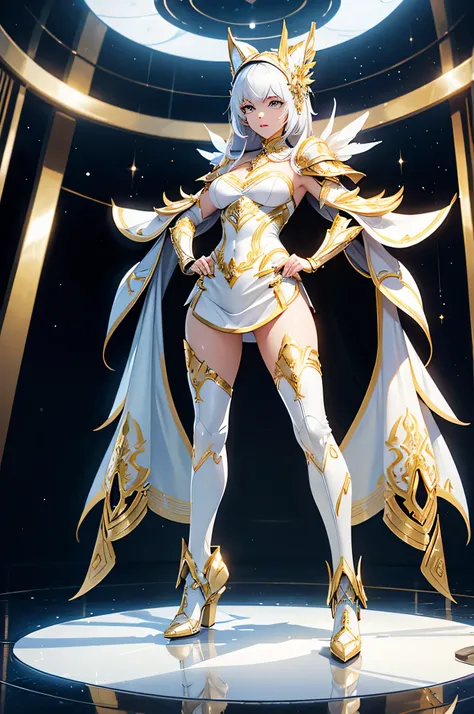 a woman in a white and gold costume standing in a studio, white and gold armor, intricate, heavy, futuristic and elegant, shiny, wears golden cat mask, and golden boots,