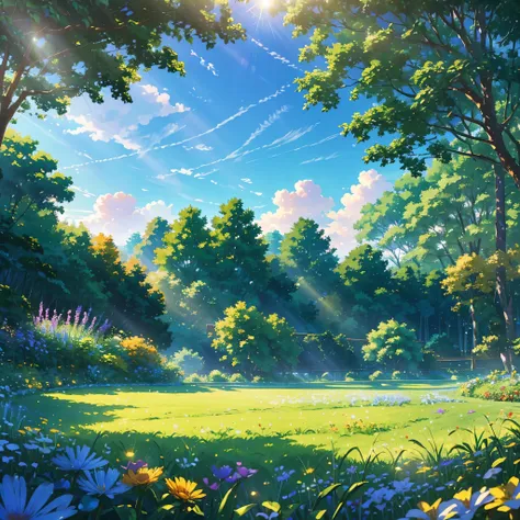  White soft clouds floating in the blue sky，Warm color reflecting the sunlight，Above the garden is a lush green pasture, The scene was peaceful, Colorful flowers,Sunlight shines through the dense tree canopy, Casting warm natural heat, buzzer, Reality, Hig...