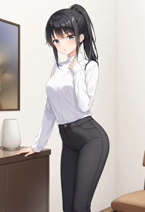 Background white room、Long sleeves、pants、Black Hair、Anime image quality、ponytail