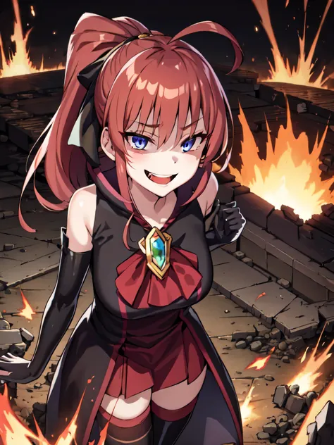Highest quality, masterpiece, One Girl,Not beautiful, Red Ponytail, Long dress, brooch, Hair Ribbon, Black knee socks, Standing on the rubble, , ,,Dark shadow face,Sadistic laugh,,Malice,Contempt,smile,latex,Bad face,,Red Skirt,both hands,Two legs,Five F...
