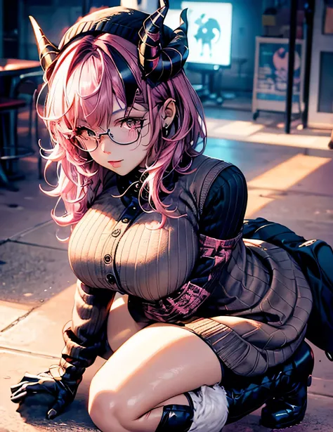 1girl, pink hair, trendy hairstyle, horns, hd quality, 4k, 8k, knitted cardigan, boots, fluffy hat, , kawaii, stepped on pov, below boot pov, huge breasts, cityscape, crouched, demoness