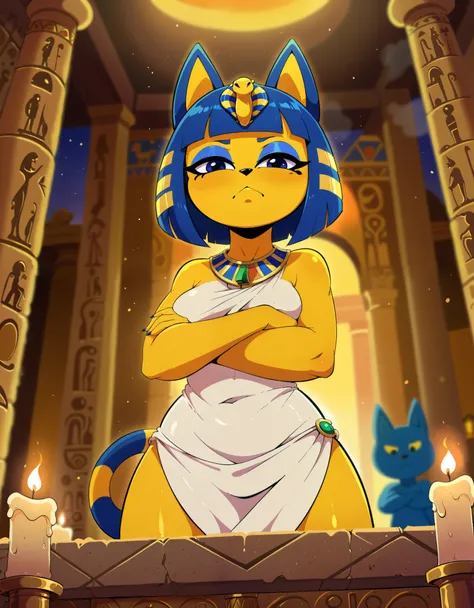 bust portrait, front view, low-angle view, looking down, female on top, solo, toony, ankha \(animal crossing\), crossed arms, eg...