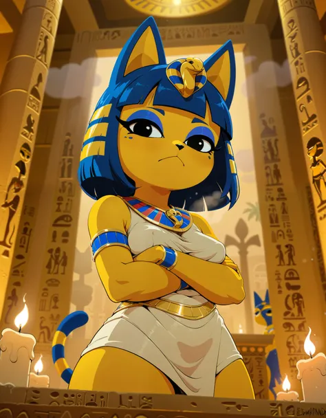 bust portrait, front view, low-angle view, looking down, female on top, solo, toony, ankha (animal crossing), crossed arms, egyptian clothing, standing, BREAK, flat colors, ankha zone, by Garry Winogrand, by Edward Rusch, detailed background, detailed fore...