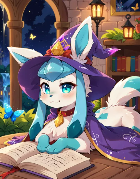 quadruped feral glaceon, excessive fluff, wizard hat, high collar cloak, lying on front, glowing eyes, break, [by cotora, by aoi...