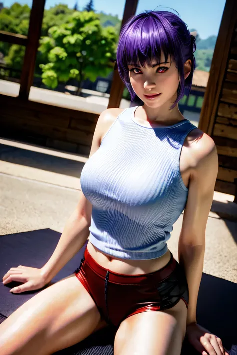 short hair,ayane,So cute and beautiful,Red eyes,Purple Hair,(Very detailed美しい顔),(smile),blush, Sitting on a wooden gym training mat,(Spread your legs:1.12),Cowboy Shot,((Bob Hair:1.2)),View your viewers, (Highest quality,masterpiece:1.0),Absurd,High resolu...